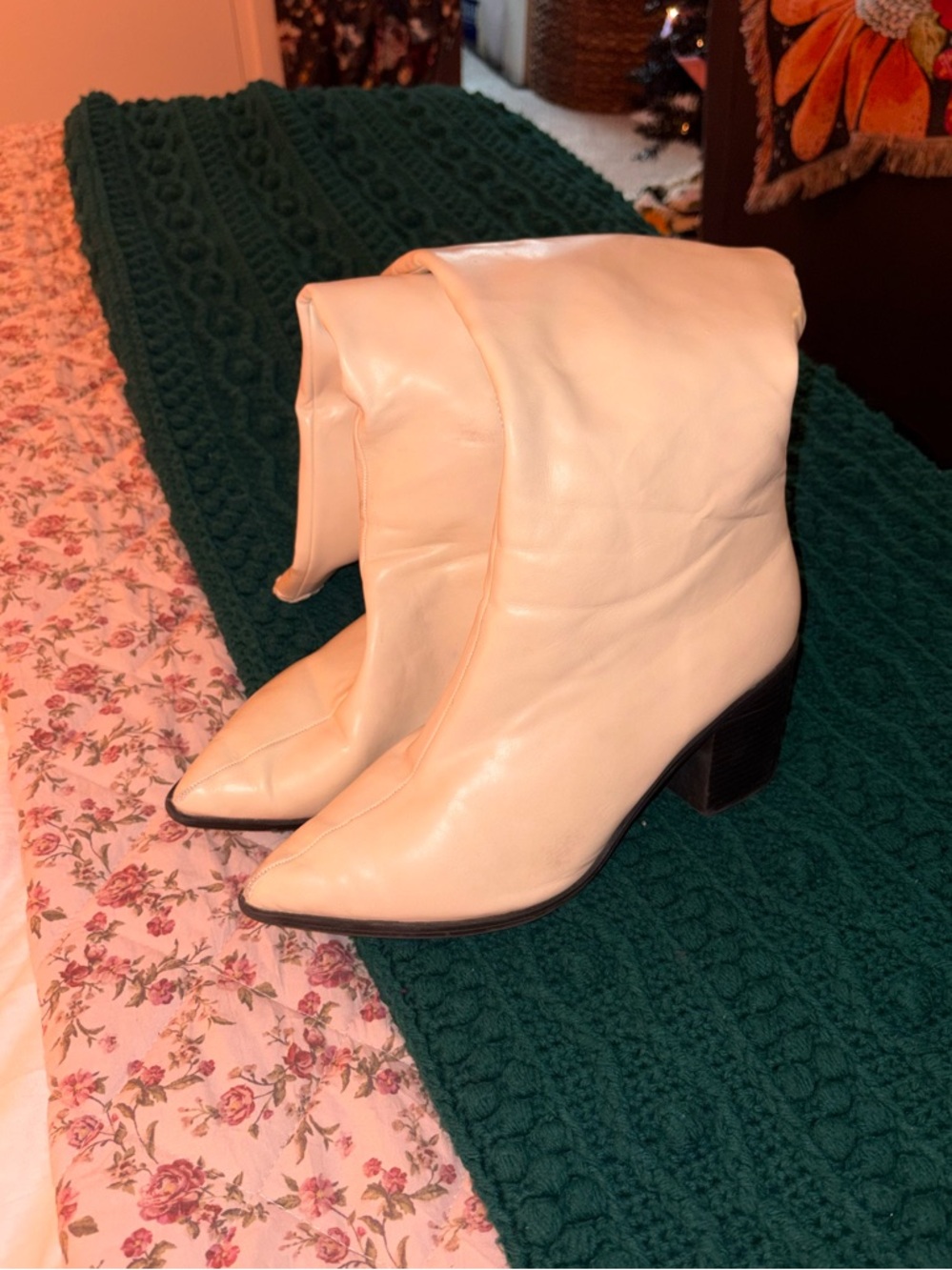 Women’s Knee-High Chunky Heel Boots — Cream - Picture 2 of 6